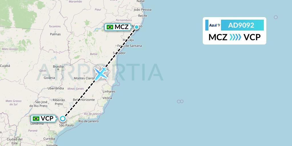 AD9092 Azul Brazilian Airlines Flight Map: Maceio to Campinas