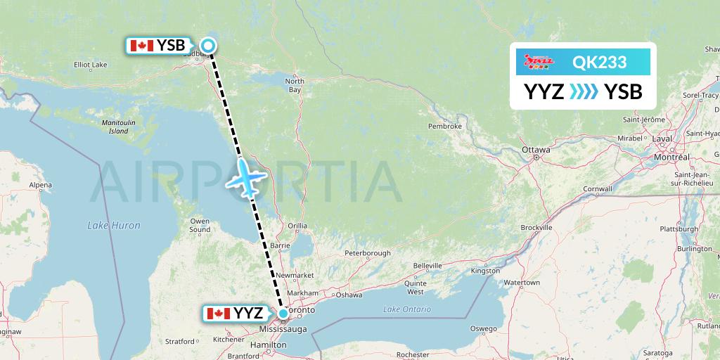 QK233 Jazz Air Flight Map: Toronto to Sudbury