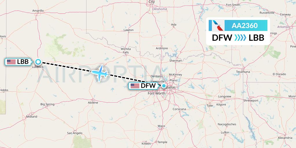 AA2360 American Airlines Flight Map: Dallas to Lubbock