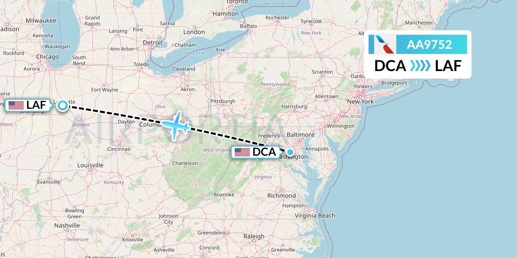 AA9752 American Airlines Flight Map: Washington to Lafayette