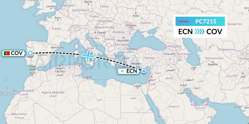 PC7215 Pegasus Airlines Flight Map: Tymvou to Portugal