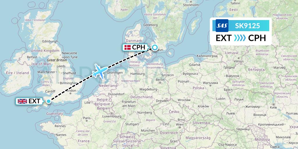 SK9125 SAS Flight Map: Exeter to Copenhagen