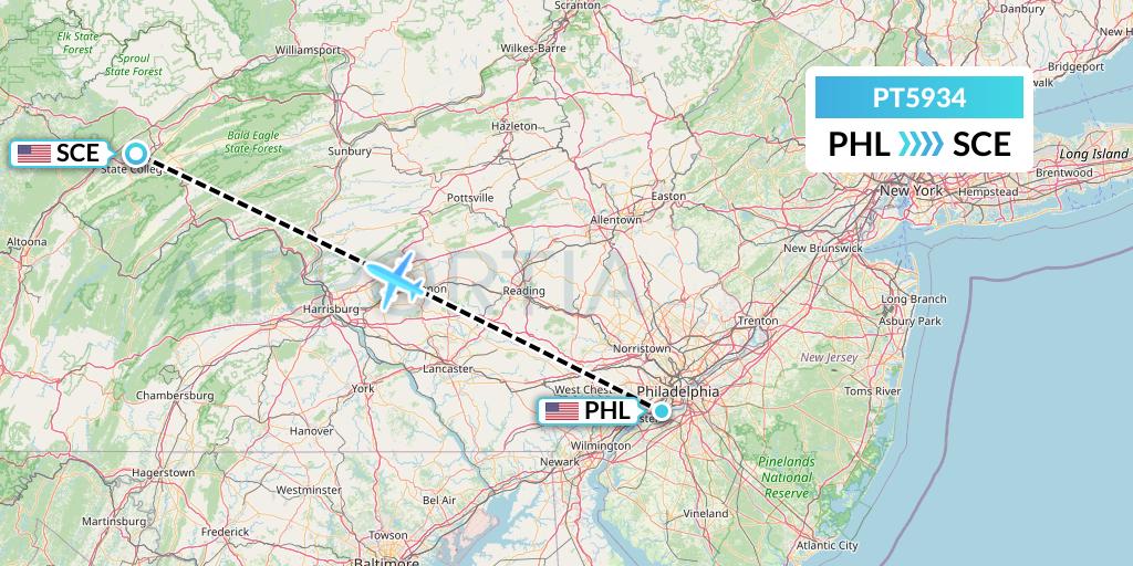 PT5934 Piedmont Airlines Flight Map: Philadelphia to State College
