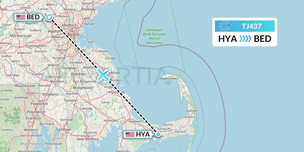 TJ437 Tradewind Aviation Flight Map: Hyannis to Bedford