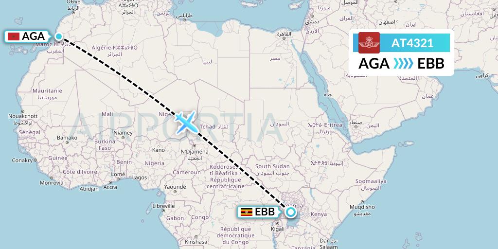 AT4321 Royal Air Maroc Flight Map: Agadir to Entebbe
