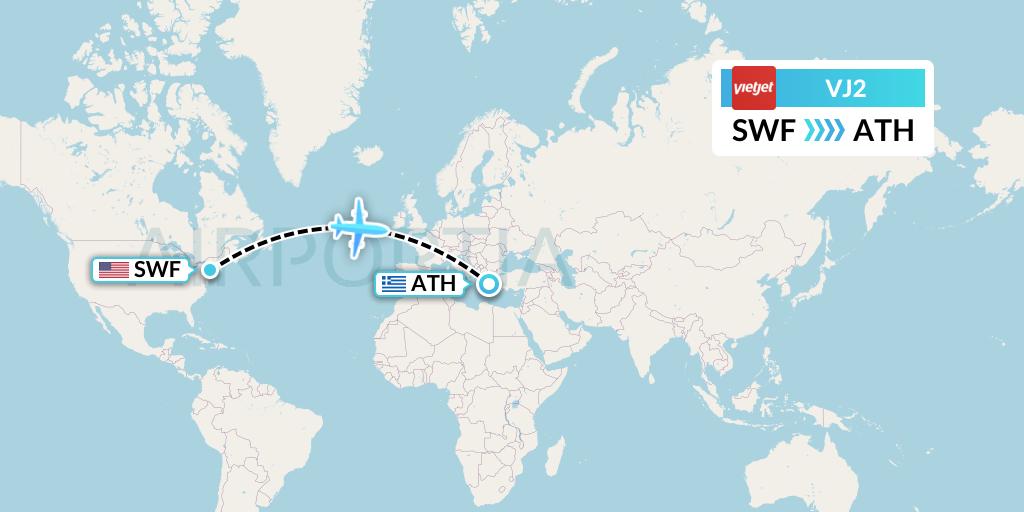 VJ2 VietJet Air Flight Map: Newburgh to Athens