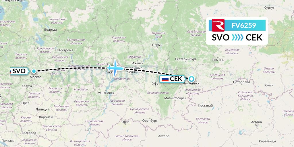 FV6259 Rossiya Flight Map: Moscow to Chelyabinsk