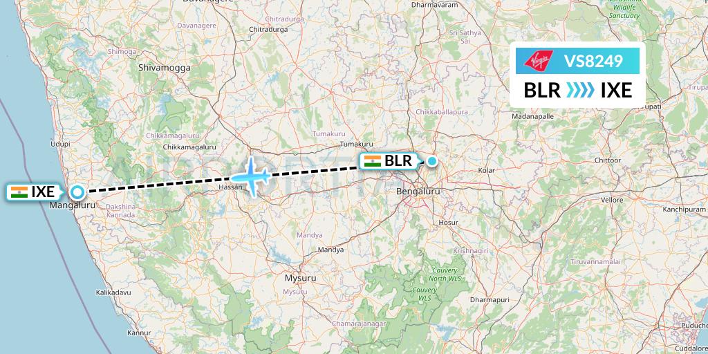 VS8249 Virgin Atlantic Airways Flight Map: Bangalore to Mangalore