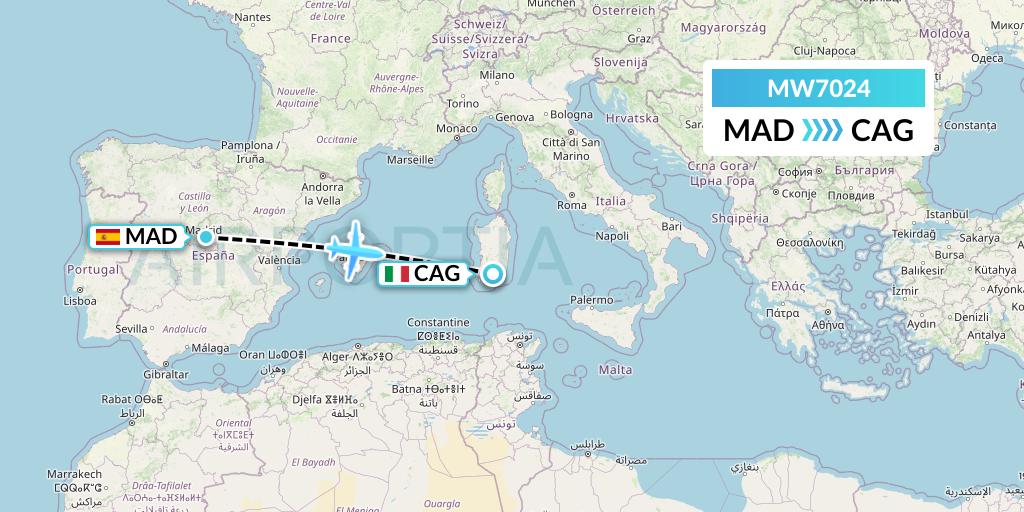 MW7024 Mokulele Flight Service Flight Map: Madrid to Cagliari