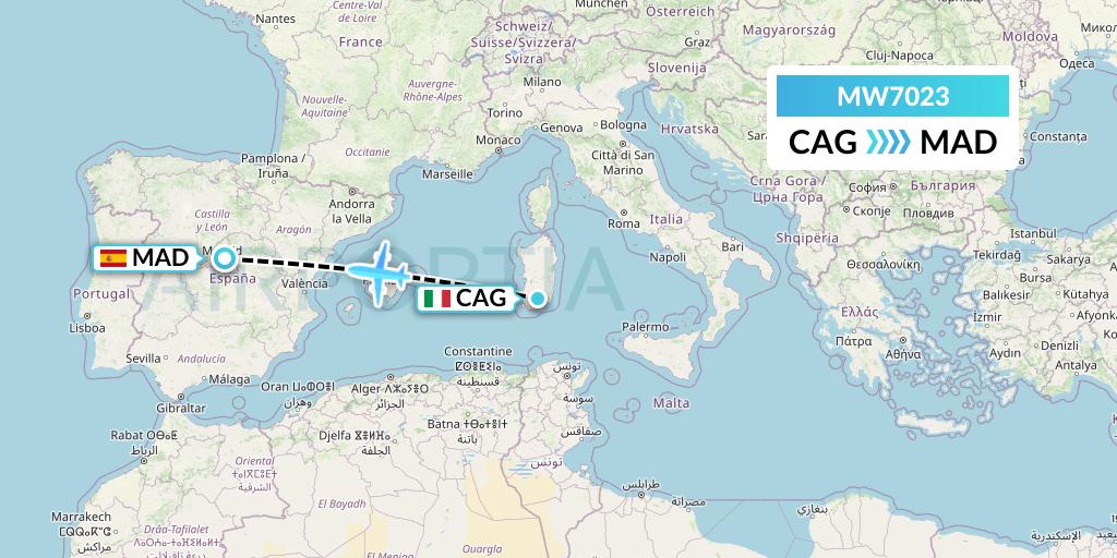 MW7023 Mokulele Flight Service Flight Map: Cagliari to Madrid