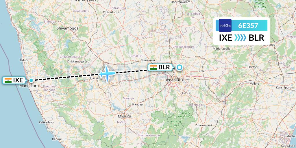 6E357 IndiGo Airlines Flight Map: Mangalore to Bangalore