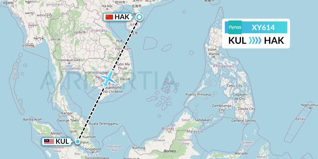 XY614 Flynas Flight Map: Kuala Lumpur to Haikou