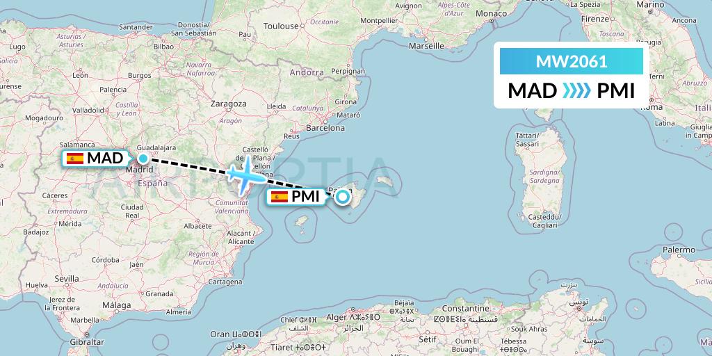 MW2061 Mokulele Flight Service Flight Map: Madrid to Palma de Mallorca