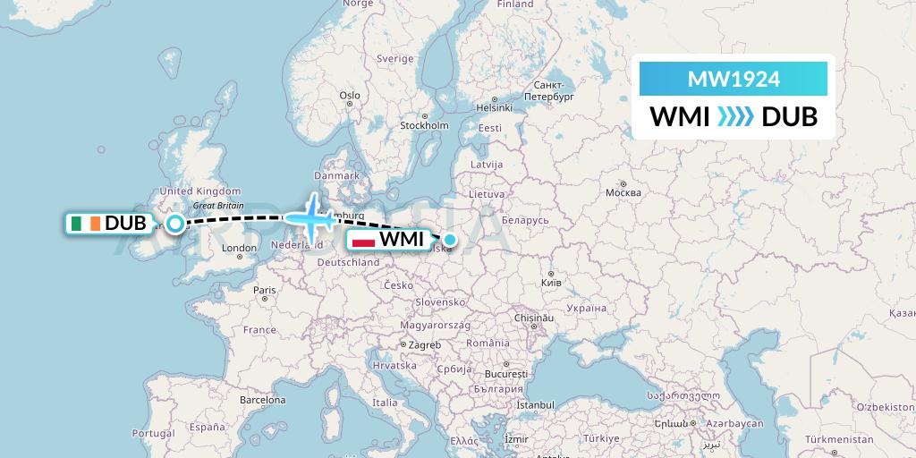 MW1924 Mokulele Flight Service Flight Map: Warsaw to Dublin