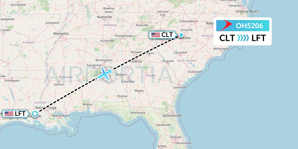 OH5206 PSA Airlines Flight Map: Charlotte to Lafayette