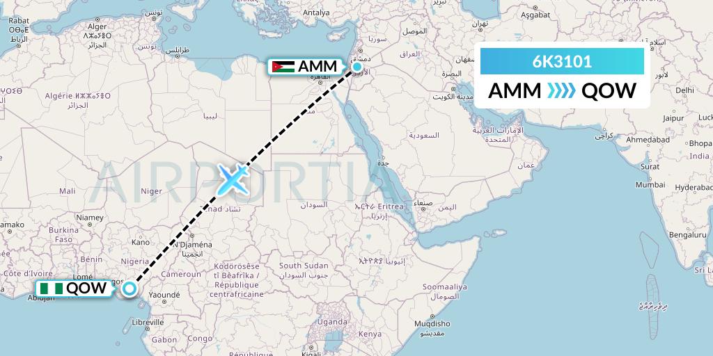 6K3101 Songbird Airways Flight Map: Amman to Owerri