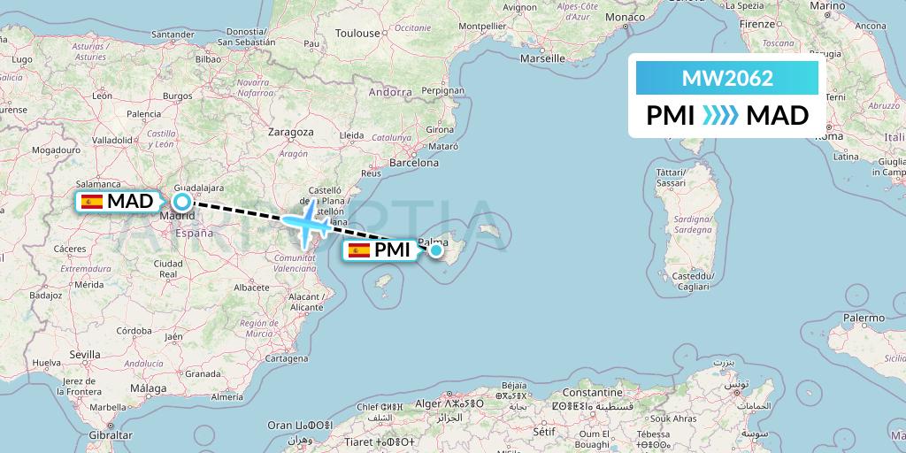 MW2062 Mokulele Flight Service Flight Map: Palma de Mallorca to Madrid