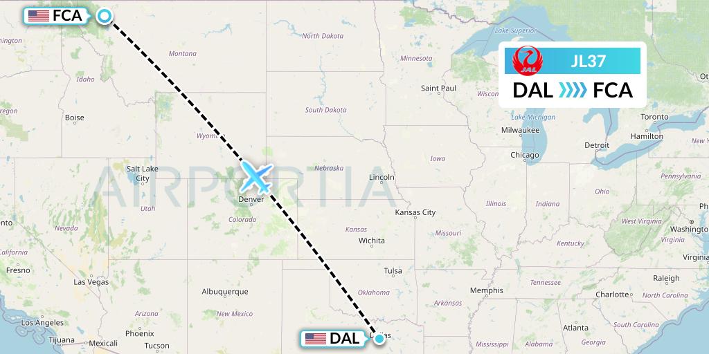 JL37 Japan Airlines Flight Map: Dallas to Kalispell