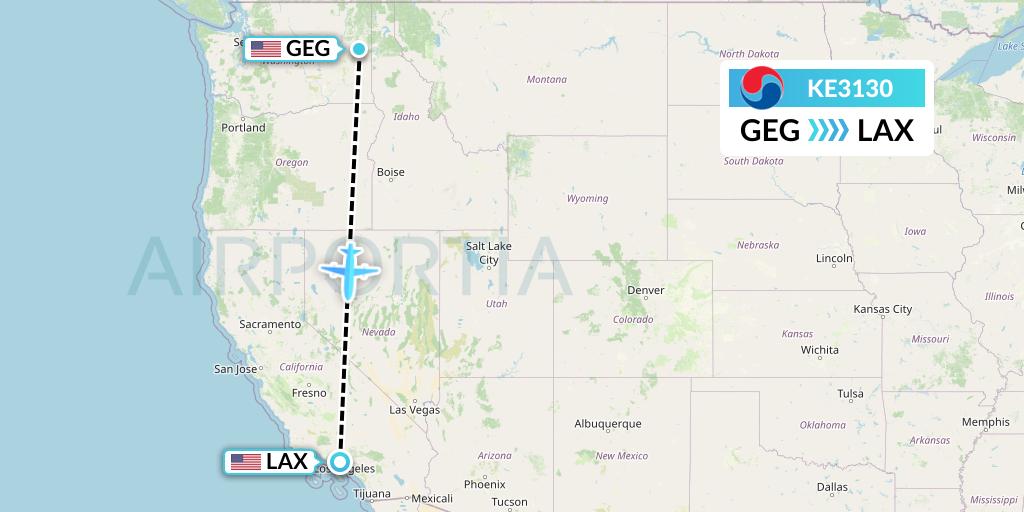 KE3130 Korean Air Flight Map: Spokane to Los Angeles