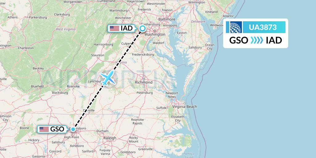 UA3873 United Airlines Flight Map: Greensboro to Washington