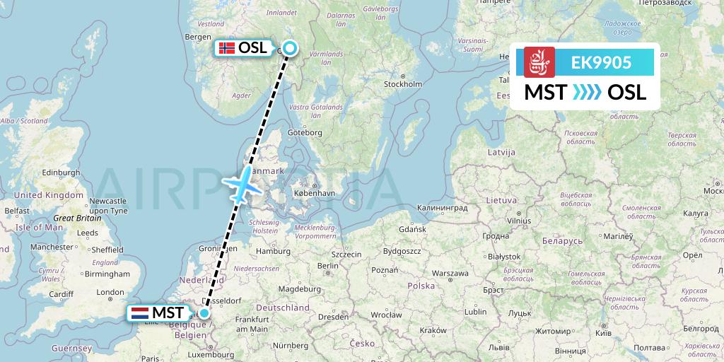 EK9905 Emirates Flight Map: Maastricht to Oslo
