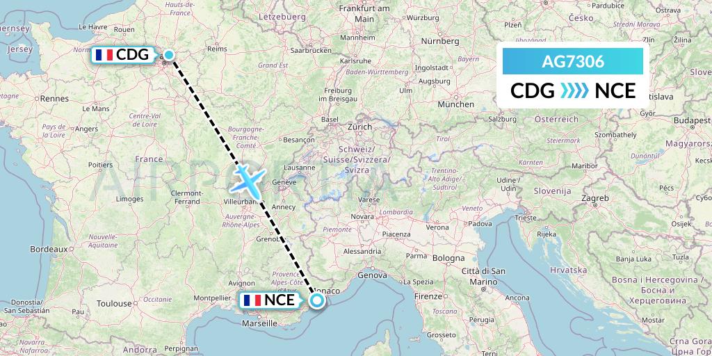 AG7306 Aruba Airlines Flight Map: Paris to Nice