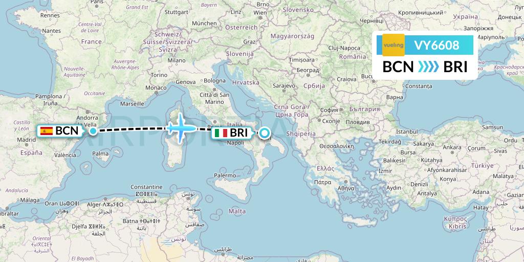 VY6608 Vueling Flight Map: Barcelona to Bari