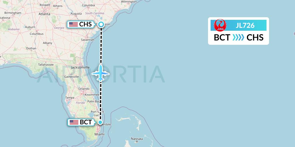 JL726 Japan Airlines Flight Map: Boca Raton to Charleston