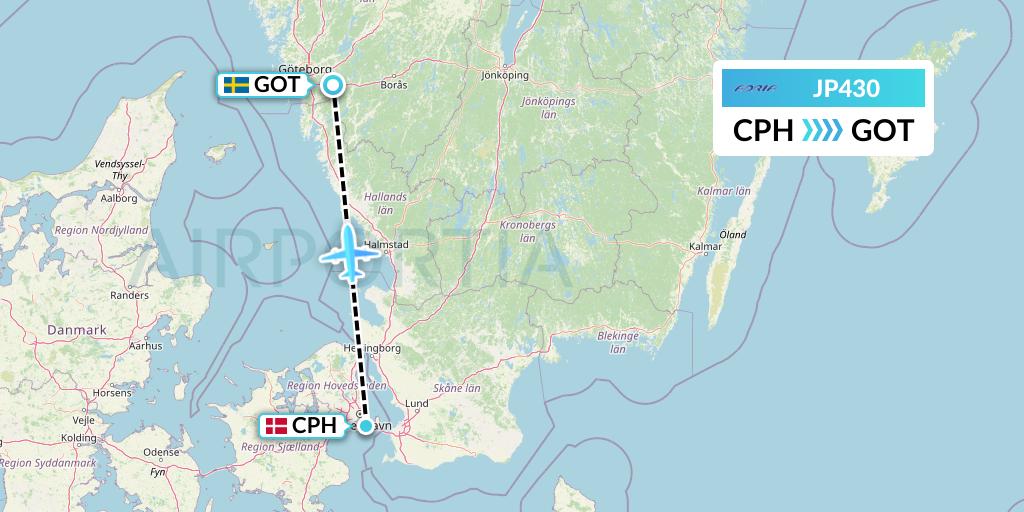 JP430 Adria Airways Flight Map: Copenhagen to Gothenburg