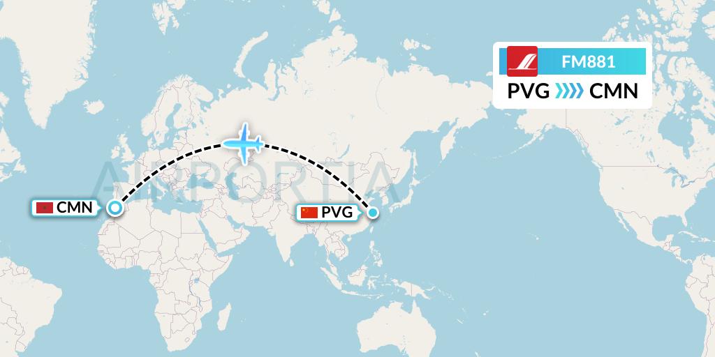 FM881 Shanghai Airlines Flight Map: Shanghai to Casablanca