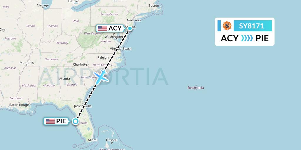 SY8171 Sun Country Airlines Flight Map: Atlantic City to St. Petersburg