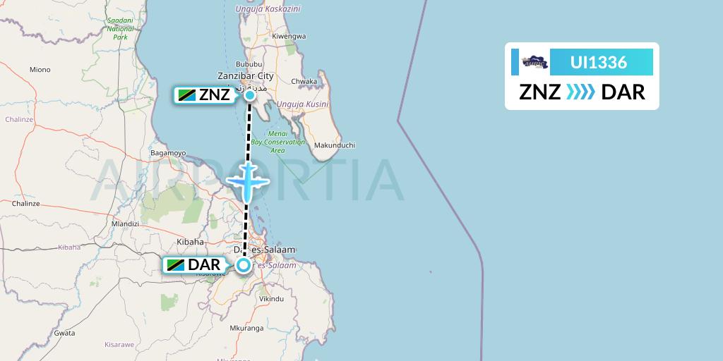 UI1336 Auric Air Flight Map: Zanzibar to Dar-es-Salaam