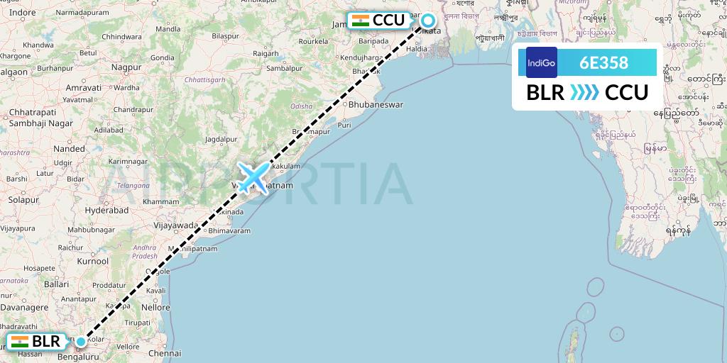 6E358 IndiGo Airlines Flight Map: Bangalore to Kolkata