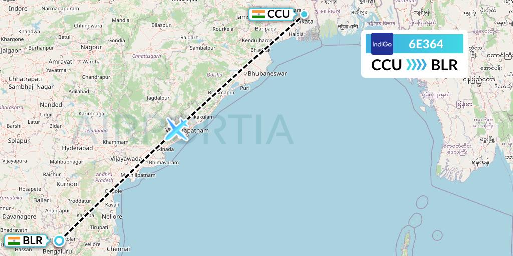 6E364 IndiGo Airlines Flight Map: Kolkata to Bangalore