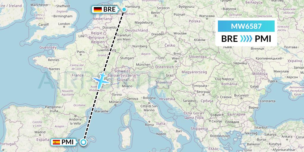 MW6587 Mokulele Flight Service Flight Map: Bremen to Palma de Mallorca