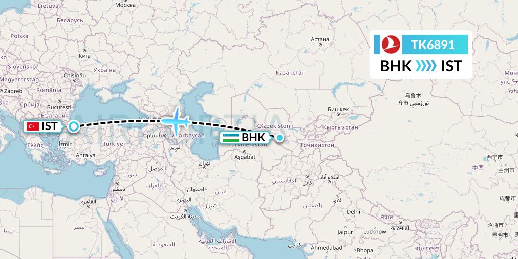 TK6891 Turkish Airlines Flight Map: Bukhara to Istanbul
