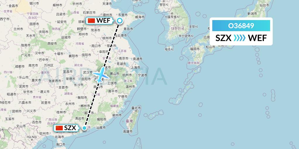 O36849 SF Airlines Flight Map: Shenzhen to Weifang
