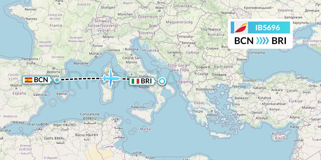 IB5696 Iberia Flight Map: Barcelona to Bari