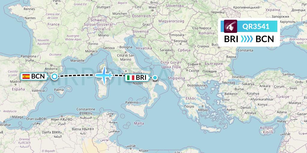 QR3541 Qatar Airways Flight Map: Bari to Barcelona