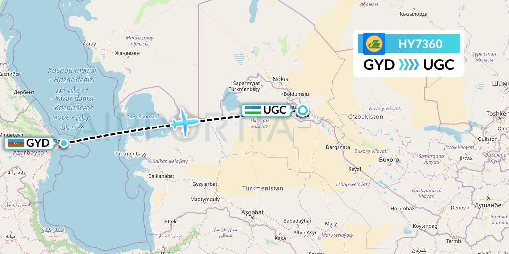 HY7360 Uzbekistan Airways Flight Map: Baku to Urgench