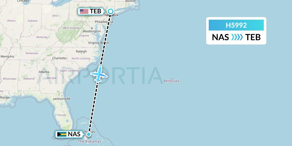 H5992 MAVIAL - Magadan Airlines Flight Map: Nassau to Teterboro