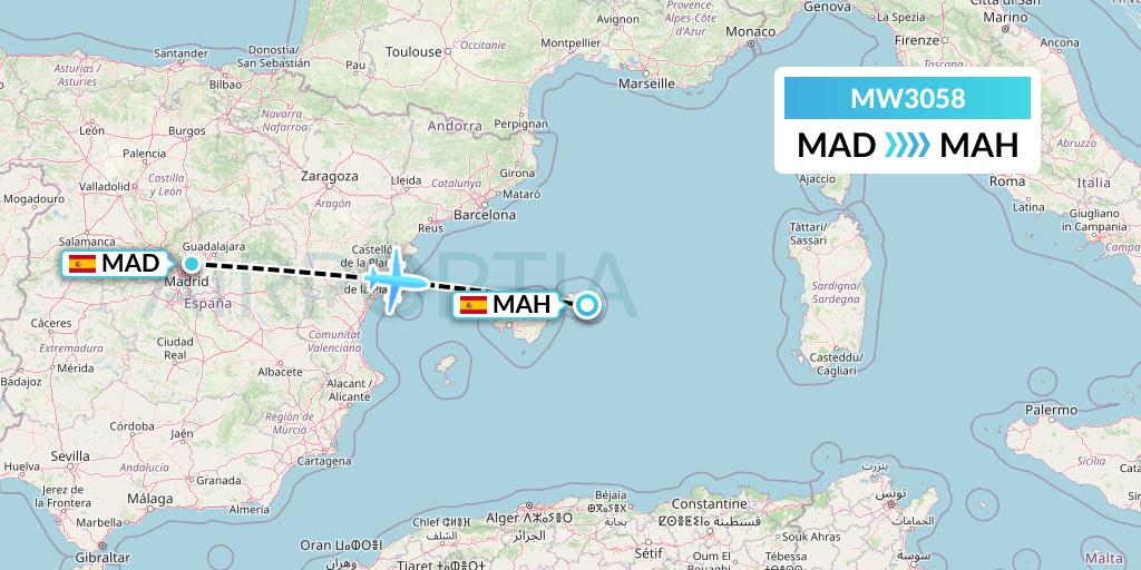 MW3058 Mokulele Flight Service Flight Map: Madrid to Mahon