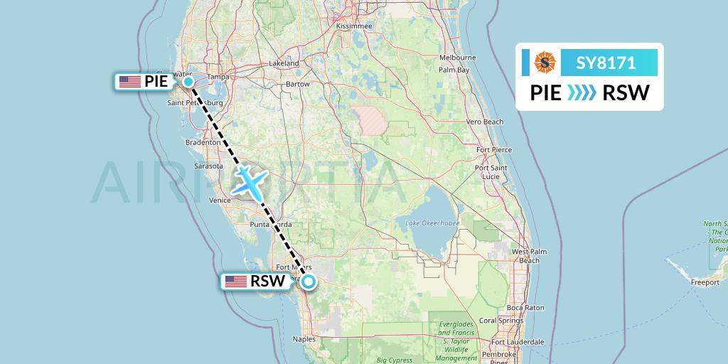 SY8171 Sun Country Airlines Flight Map: St. Petersburg to Fort Myers