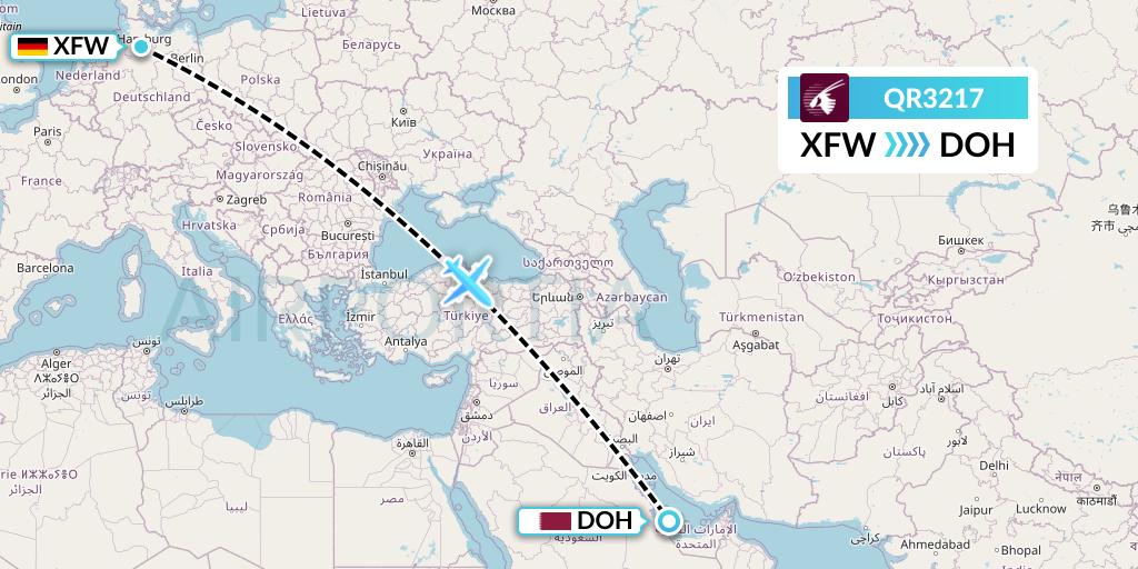 QR3217 Qatar Airways Flight Map: Hamburg to Doha
