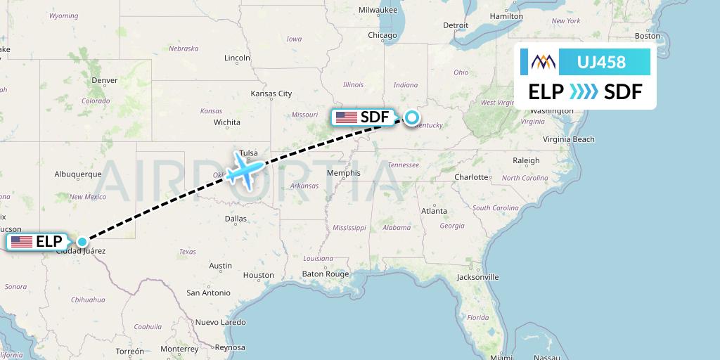 UJ458 AlMasria Universal Airlines Flight Map: El Paso to Louisville