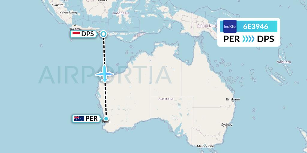 6E3946 IndiGo Airlines Flight Map: Perth to Denpasar