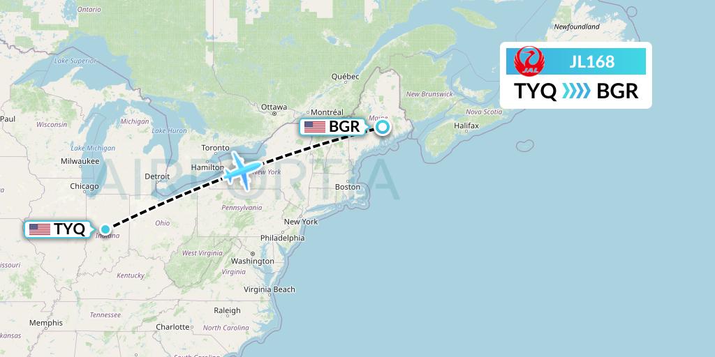 JL168 Japan Airlines Flight Map: Indianapolis to Bangor
