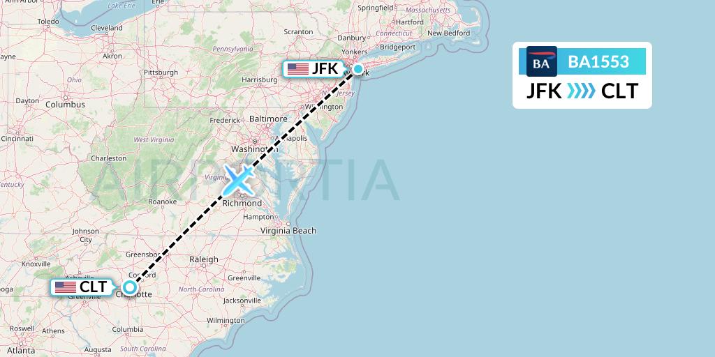 BA1553 British Airways Flight Map: New York to Charlotte