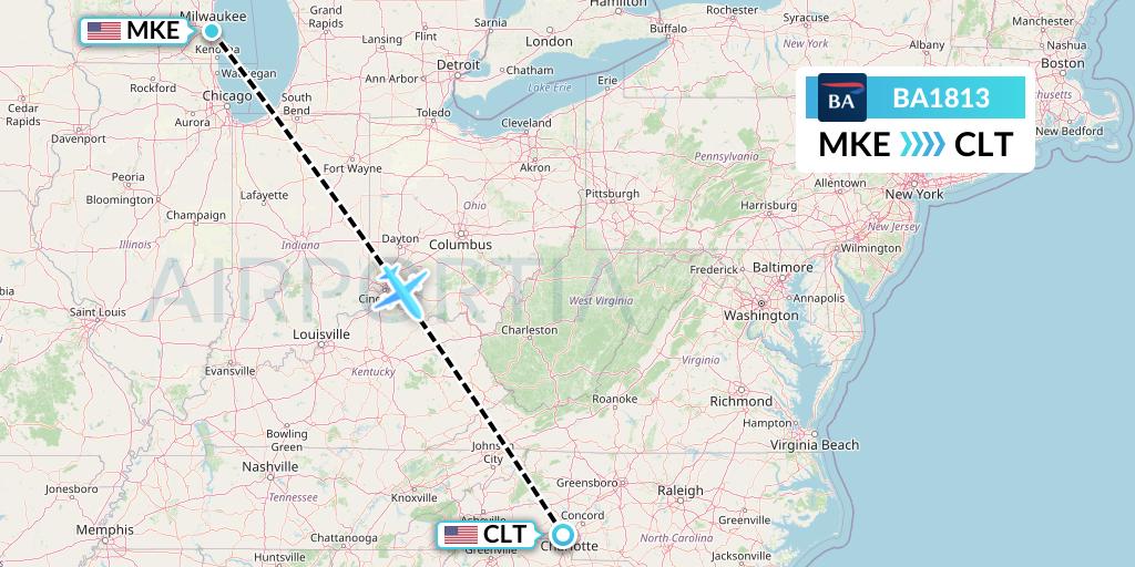 BA1813 British Airways Flight Map: Milwaukee to Charlotte