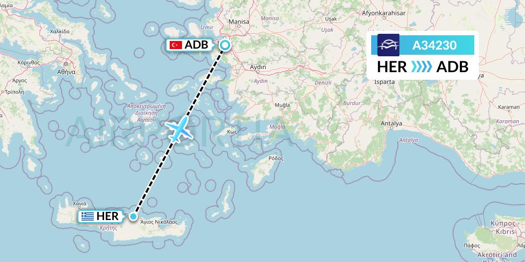 A34230 Aegean Airlines Flight Map: Heraklion to Izmir